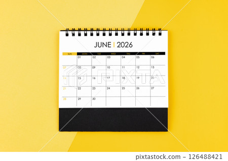 June desk calendar for 2026 year on yellow background for schedule to make appointment. 126488421