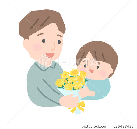 A father receives a bouquet of roses from his child 126488453