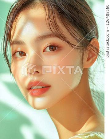 Korean model showcases radiant skincare routine with glowing complexion against soft, natural light 126488560