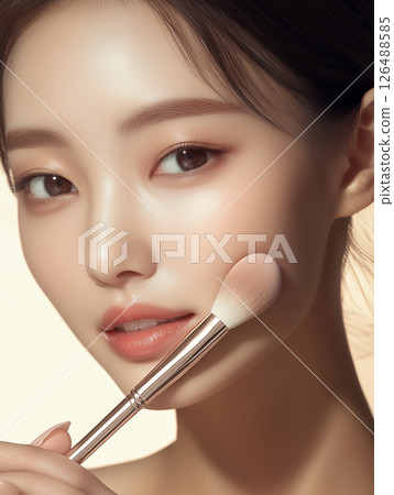 Skincare routine highlights with a woman applying product to her face in a calm, bright setting 126488585