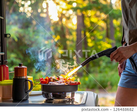 Camping barbecue with gas burners Camping barbecue with gas burners 126488682