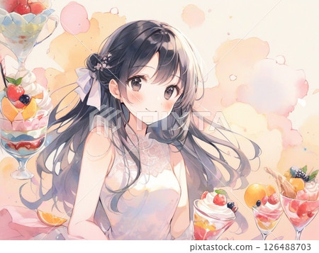 A girl thinking of many parfaits　Watercolor style 126488703
