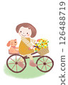 Ring ring! A flower basket delivery is passing by. A girl is cycling with her dog, carrying lots of flowers in a basket on her bicycle. 126488719
