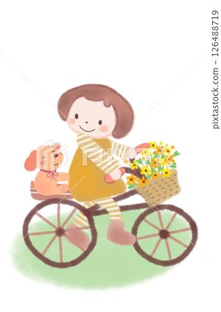 Ring ring! A flower basket delivery is passing by. A girl is cycling with her dog, carrying lots of flowers in a basket on her bicycle. Ring ring! A flower basket delivery is passing by. A girl is cycling with her dog, carrying lots of flowers in a basket on her bicycle. 126488719