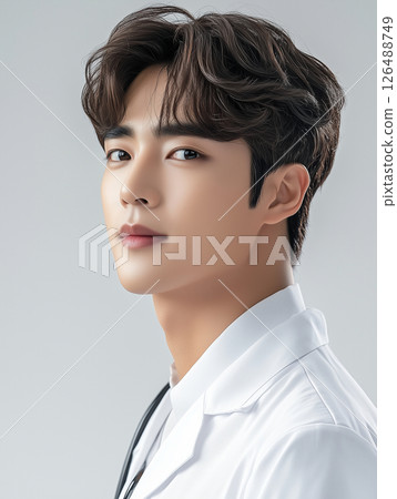 Portrait of a young Asian male doctor in a clinical setting showcasing a confident expression and professional attire Portrait of a young Asian male doctor in a clinical setting showcasing a confident expression and professional attire 126488749