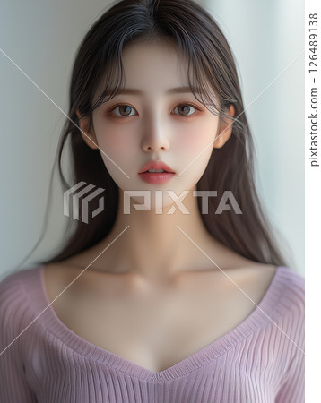 Young Korean woman with expressive eyes and soft features posing in natural light at home 126489138