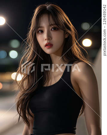Asian woman poses confidently at night in a dark urban setting with soft lighting creating a vibrant atmosphere 126489142