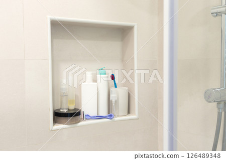 Bathroom niche with personal skin care beauty products. Concept of self-care, morning routine and rituals, wellness, lifestyles 126489348