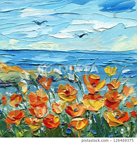Field with poppies and flying birds. Vibrant wildflowers with ocean view. Impressionistic impasto oil painting on canvas Field with poppies and flying birds. Vibrant wildflowers with ocean view. Impressionistic impasto oil painting on canvas 126489375