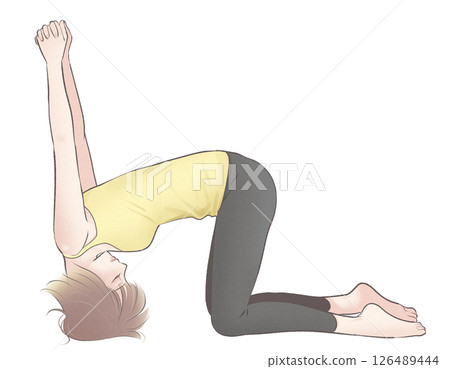 Illustration of a young woman with bob hair doing yoga (rabbit pose) 126489444