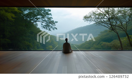 Minimalist meditation platform overlooking misty valley 126489732