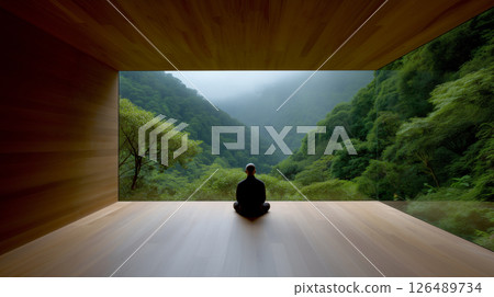 Sustainable retreat design framing serene mountain scenery 126489734