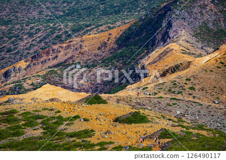 Hikers heading towards Umanose seen from the summit of Mt. Adatara 126490117