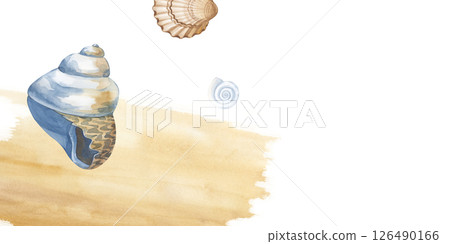 Horizontal watercolor frame with shells and a watercolor spot of ocher color. Stylization of sand and seashore. A template with seashells and an empty place to insert. Isolated. Horizontal watercolor frame with shells and a watercolor spot of ocher color. Stylization of sand and seashore. A template with seashells and an empty place to insert. Isolated. 126490166