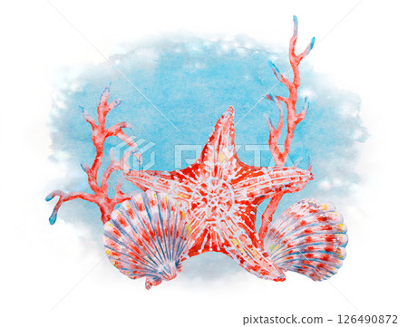 Watercolor illustration of a red starfish with seashells and coral branches on a blue textured background, ideal for summer postcards, marine-themed designs, and ocean-related projects. 126490872