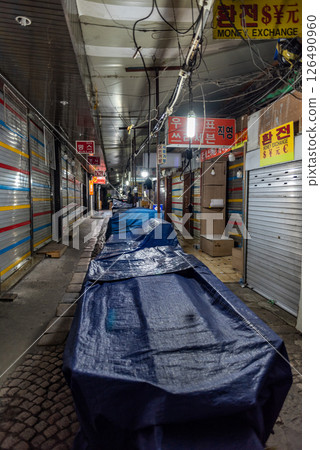 Closed Namdaemun market at night, Myeongdong shopping district in downtown Seoul, capital of South Korea 126490960