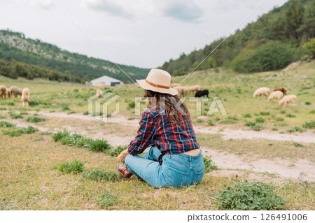 A woman in a plaid shirt and hat sits in a field with a herd of sheep A woman in a plaid shirt and hat sits in a field with a herd of sheep 126491006