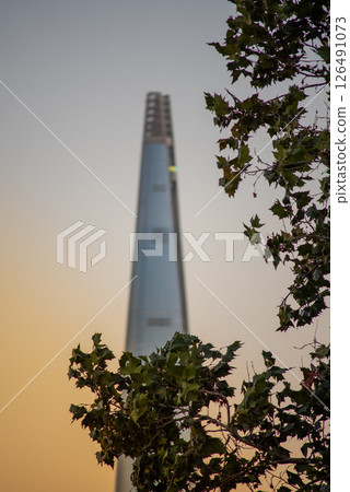 Selective focus sunset view of Lotte World Tower skyscraper in Seoul South Korea 126491073