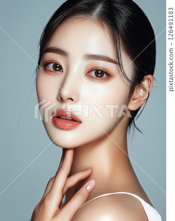 Korean skincare routine highlighted by radiant skin and natural beauty in a minimalistic setting 126491183