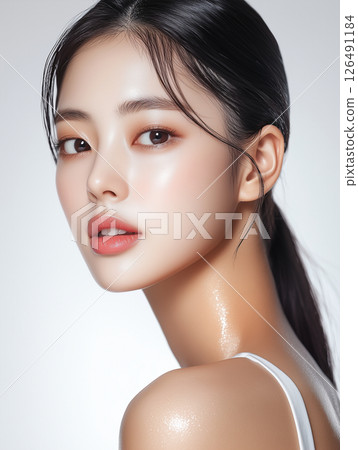 Beautiful Korean woman showcasing radiant skin and natural makeup in a minimalist studio setting Beautiful Korean woman showcasing radiant skin and natural makeup in a minimalist studio setting 126491184