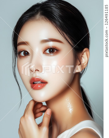 Korean woman showcasing radiant skincare glow with flawless complexion in minimalistic portrait Korean woman showcasing radiant skincare glow with flawless complexion in minimalistic portrait 126491185
