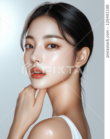 Radiant Korean skincare beauty showcasing glowing skin and flawless makeup in an elegant portrait Radiant Korean skincare beauty showcasing glowing skin and flawless makeup in an elegant portrait 126491186