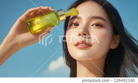 Skincare routine featuring a model applying a serum outdoors in bright daylight 126491190