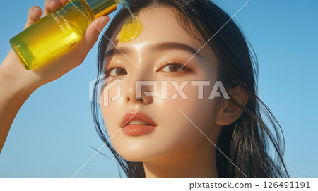 Skincare routine in a sunlit atmosphere featuring a model applying serum on her glowing face 126491191