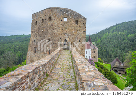 Visitors walk along the stone bridge of Velhartice Castle, enjoying views of the surrounding forest and historic architecture during a cloudy day in Czechia. 126491279