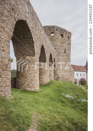 The Gothic Bridge of Velhartice Castle stands majestically, showcasing its arched stone design amidst lush greenery in Czechia, inviting visitors to explore its historical significance. The Gothic Bridge of Velhartice Castle stands majestically, showcasing its arched stone design amidst lush greenery in Czechia, inviting visitors to explore its historical significance. 126491287