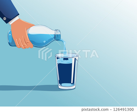 A cartoon-style hand pours vibrant blue water into a glass with shadows and reflections. A surreal and artistic touch for editorial use. A cartoon-style hand pours vibrant blue water into a glass with shadows and reflections. A surreal and artistic touch for editorial use. 126491300