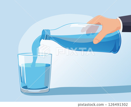 A hand tilts a bottle to fill a glass with water on a white background. Clean, crisp, and ideal for product or health-related designs. 126491302