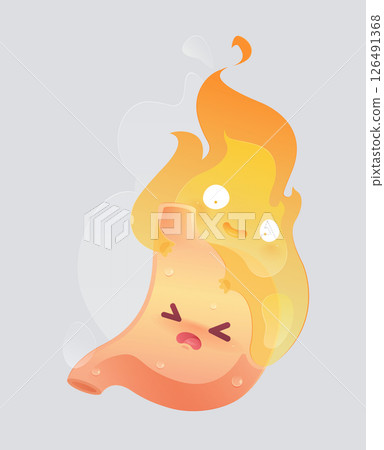 A cartoon stomach character with a fire character on it is used to show the symptom of acid reflux. 126491368