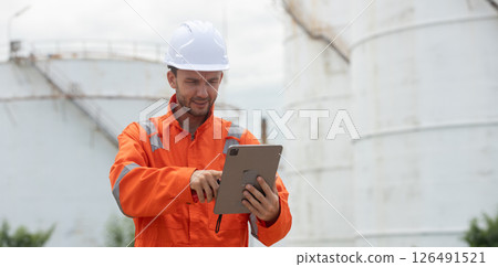 Worker in safety gear using tablet near industrial storage oil tanks refining petrochemical industry factory. 126491521