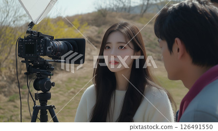 Beautiful Korean woman engaged in a photography session outdoors with a male photographer on a sunny day 126491550