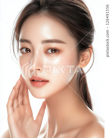 Captivating young Korean woman showcasing radiant skin and natural beauty in a bright, minimalistic setting Captivating young Korean woman showcasing radiant skin and natural beauty in a bright, minimalistic setting 126491556