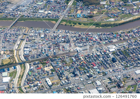 Aerial view of the area around Motomiya Station on the Tohoku Main Line Aerial view of the area around Motomiya Station on the Tohoku Main Line 126491760