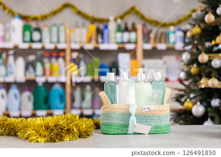 There are present, consist of shampoo, shower gel, liquid hand soap on New Year Eve in shop 126491850
