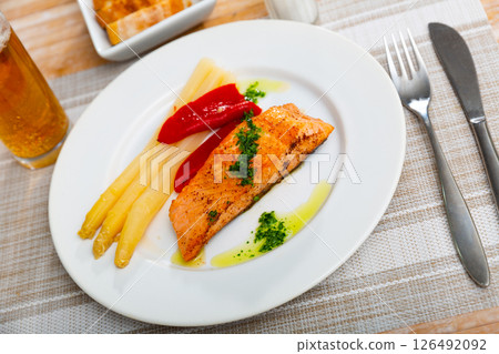 Salmon fillet with white asparagus and red pepper Salmon fillet with white asparagus and red pepper 126492092