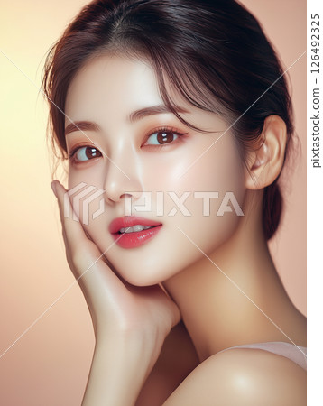 Korean beauty showcasing flawless skin and skincare routine tips during a well-lit indoor session 126492325
