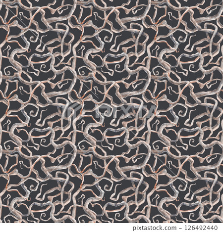 A fabulous seamless pattern with intertwined curved roots on a dark gray background. Watercolor mystical background. The natural elements are hand-drawn. For Halloween decorations or fabulous themes 126492440