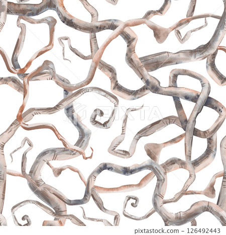 Seamless watercolor background with intertwined tree roots on a white background. Watercolor pattern. The texture of the roots intertwined in abstract patterns. A mystical template for Halloween or 126492443