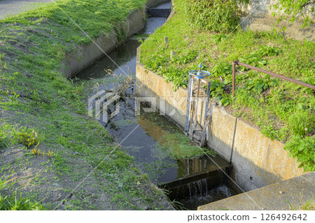 A small irrigation canal and gate in the countryside A small irrigation canal and gate in the countryside 126492642