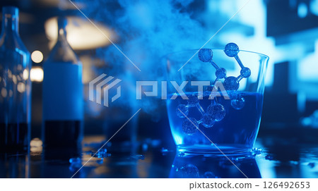 Model of a protein complex in a laboratory setting with blue illumination and experimental materials 126492653