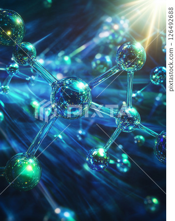 Molecular structure exhibiting vibrant blue and green hues with dynamic light reflections and details on a dark background 126492688