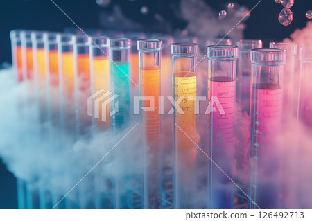 Test tubes filled with vibrant liquids are arranged in a digital rack during a chemistry experiment 126492713