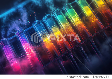 Colorful test tubes filled with vibrant liquids resting within a digital rack in a laboratory setting 126492715
