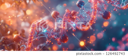 Detailed molecular structure representation of a gene highlighting intricate connections and vibrant colors 126492743