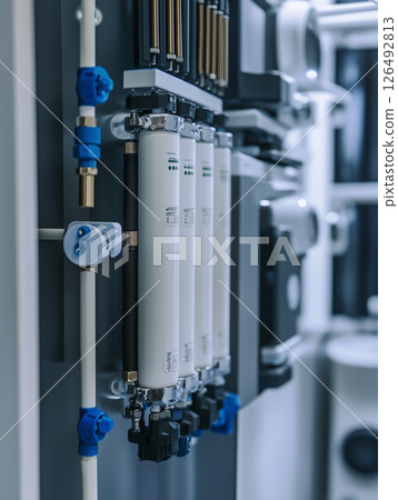 Close up view of a modern water purification system components and details in a controlled environment showcasing filtration technology 126492813