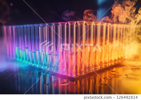Test tubes arranged symmetrically with colorful liquids and steam in a laboratory setting during an experiment Test tubes arranged symmetrically with colorful liquids and steam in a laboratory setting during an experiment 126492814